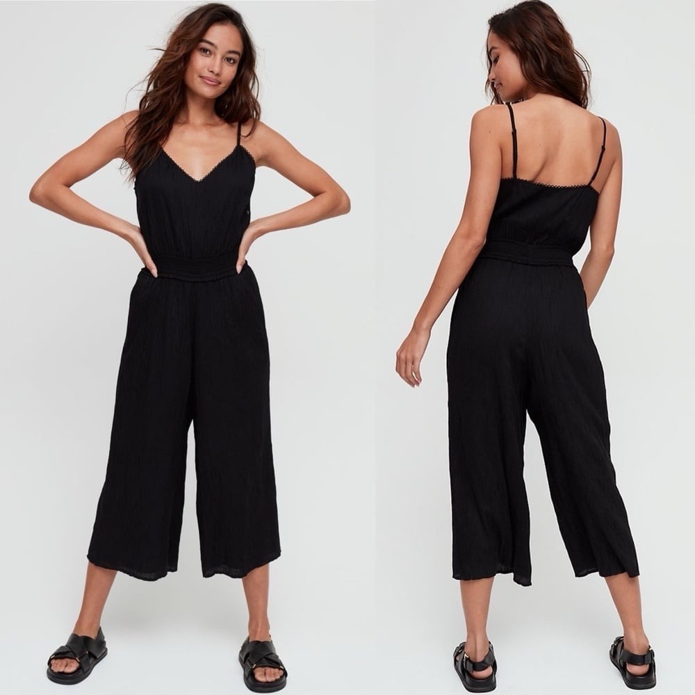 ARITZIA Wilfred Irène Jumpsuit Black Lace Trimmed Crop Wide Leg Minimalist Sz M